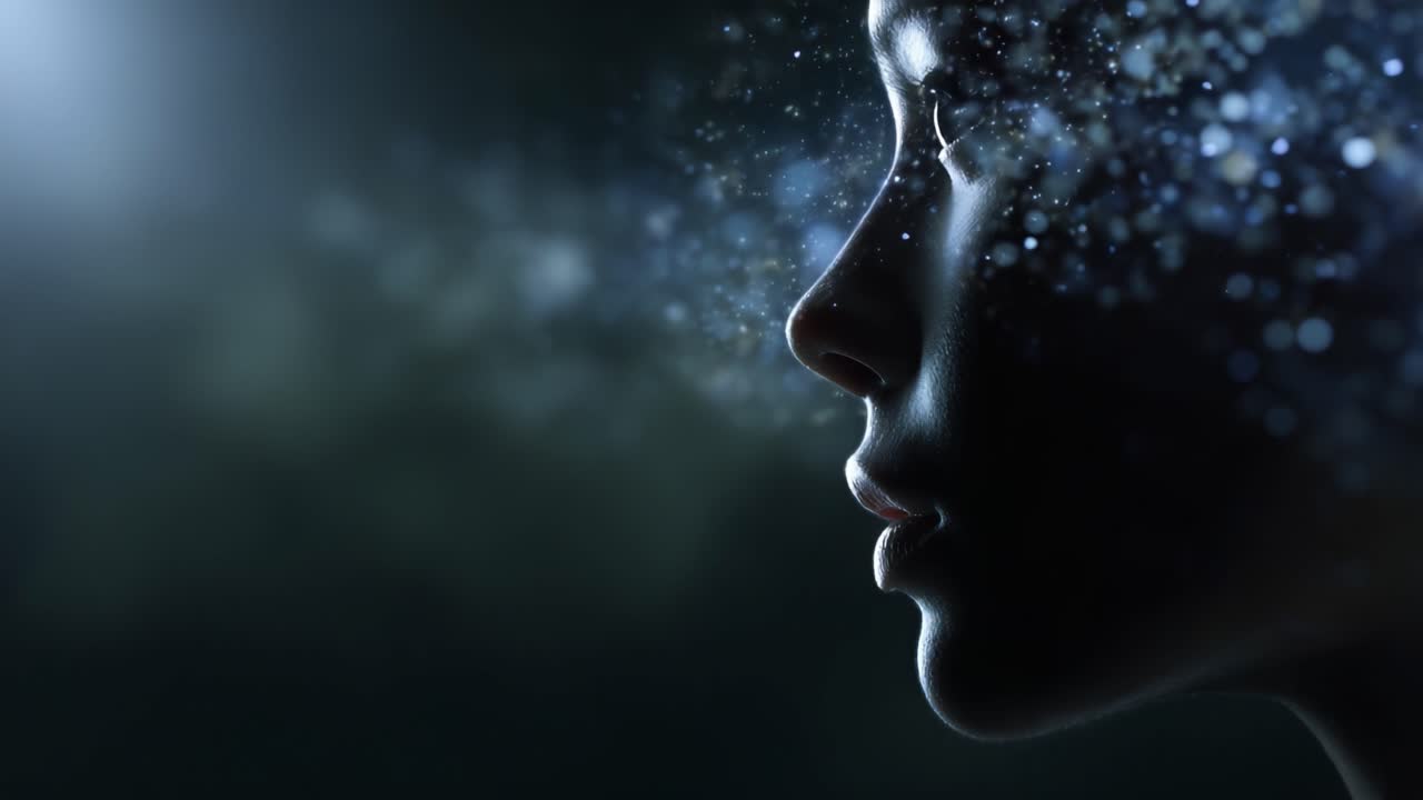 A captivating portrait of a woman's silhouette surrounded by sparkling particles, evoking a sense of mystery and the beauty of the universe within her