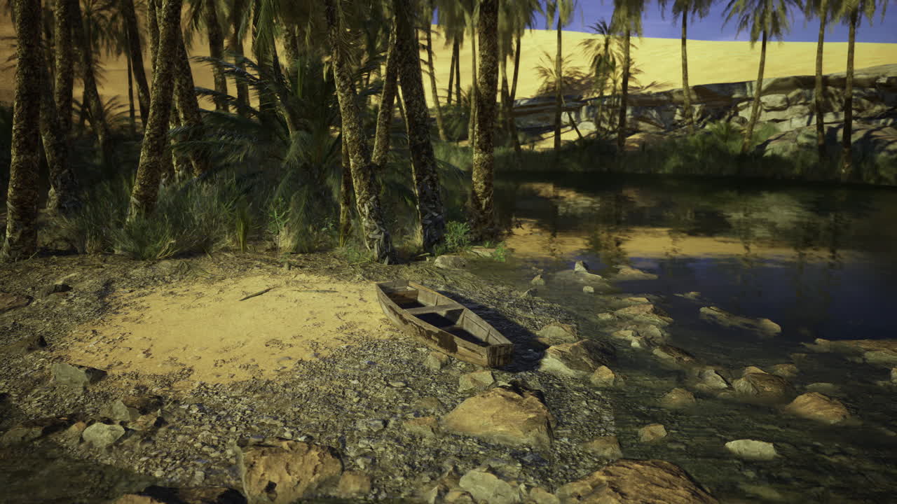 Scenic riverbank with palm trees and a wooden boat at sunset