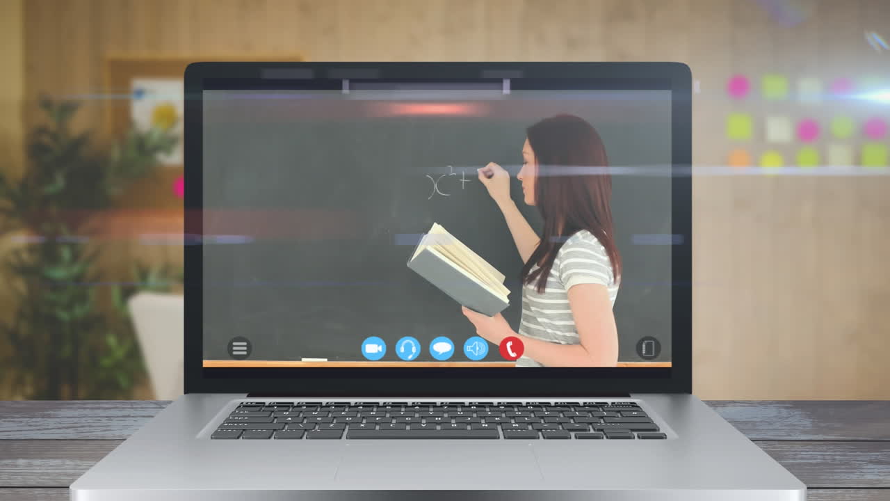 animación de una pantalla que muestra a un maestro durante una lección escolar en línea en video. propagación del coronavirus