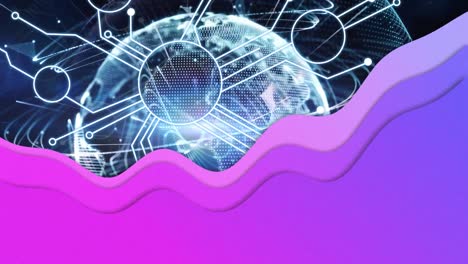 Animation-of-network-of-connections-with-globe-and-purple-abstract-figure-over-navy-background