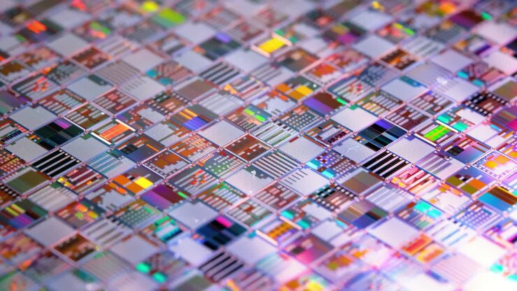 Primo piano di un wafer a semiconduttore in silicio. In elettronica, un wafer, chiamato anche slice o substrato, è una sottile fetta di semiconduttore, un silicio cristallino, utilizzato per la fabbricazione di circuiti integrati