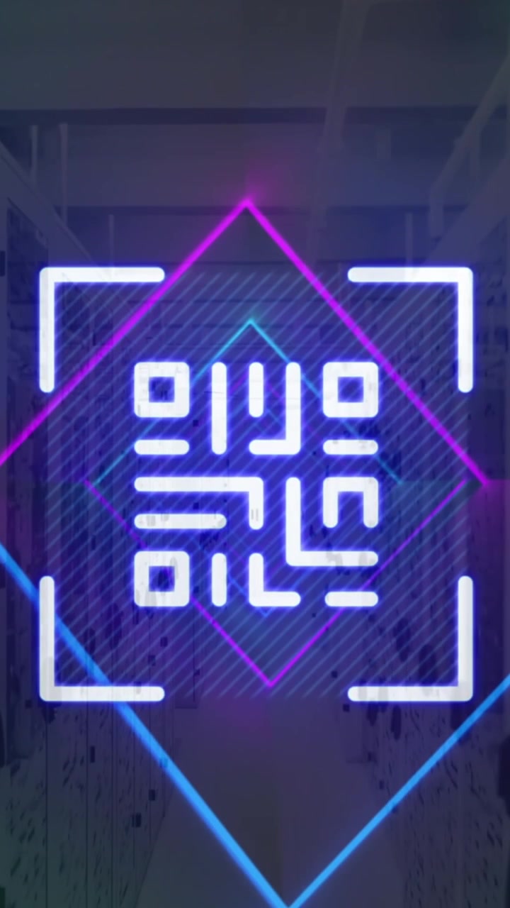 Animation of qr code, neon lines, data processing over servers