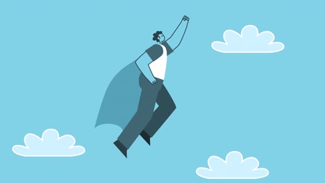 man flying superhero with hero cloak. flat design cartoon character isolated loop 2d animation with alpha channel