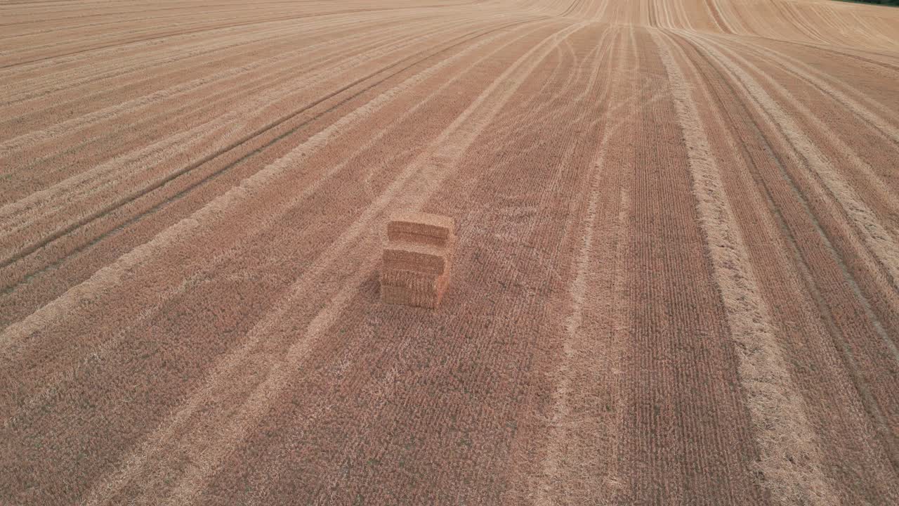 vista aérea circundando la pila de balas de heno en el pasto de trigo dorado en el campo agrícola pintoresco