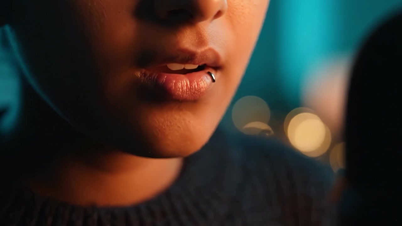 Primo piano delle labbra di una persona che mostrano un piercing, su uno sfondo delicatamente illuminato che crea un'atmosfera di intimità e riflessione.