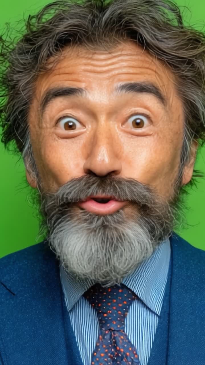 Un'espressione gioiosa catturata: un uomo con un sorriso smagliante e occhi scintillanti contro uno sfondo verde brillante in due fotogrammi di eccitazione e felicità.