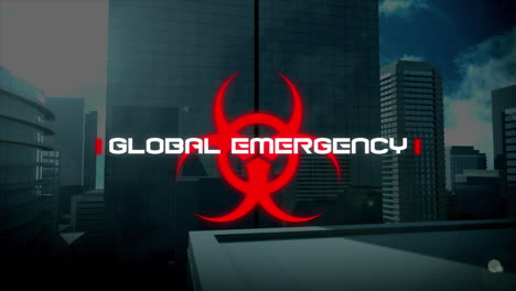 animation of global emergency text over cityscape