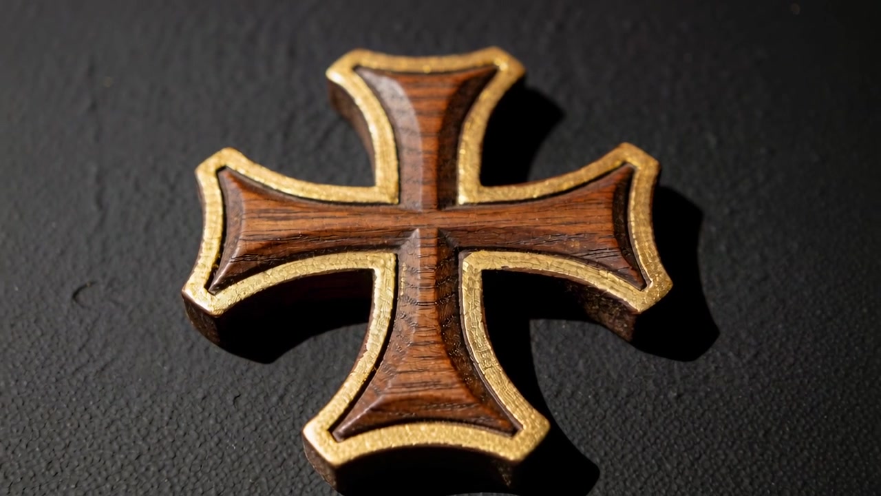 Die Kamera fährt zurück und enthüllt ein Holzkreuz auf schwarzem Untergrund, das geschnitzte Details und goldene Verzierungen zeigt.