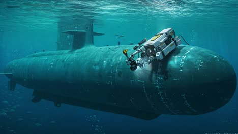 a submersible examines the hull of a submarine in the depths of the ocean, showcasing advanced underwater technology and marine exploration