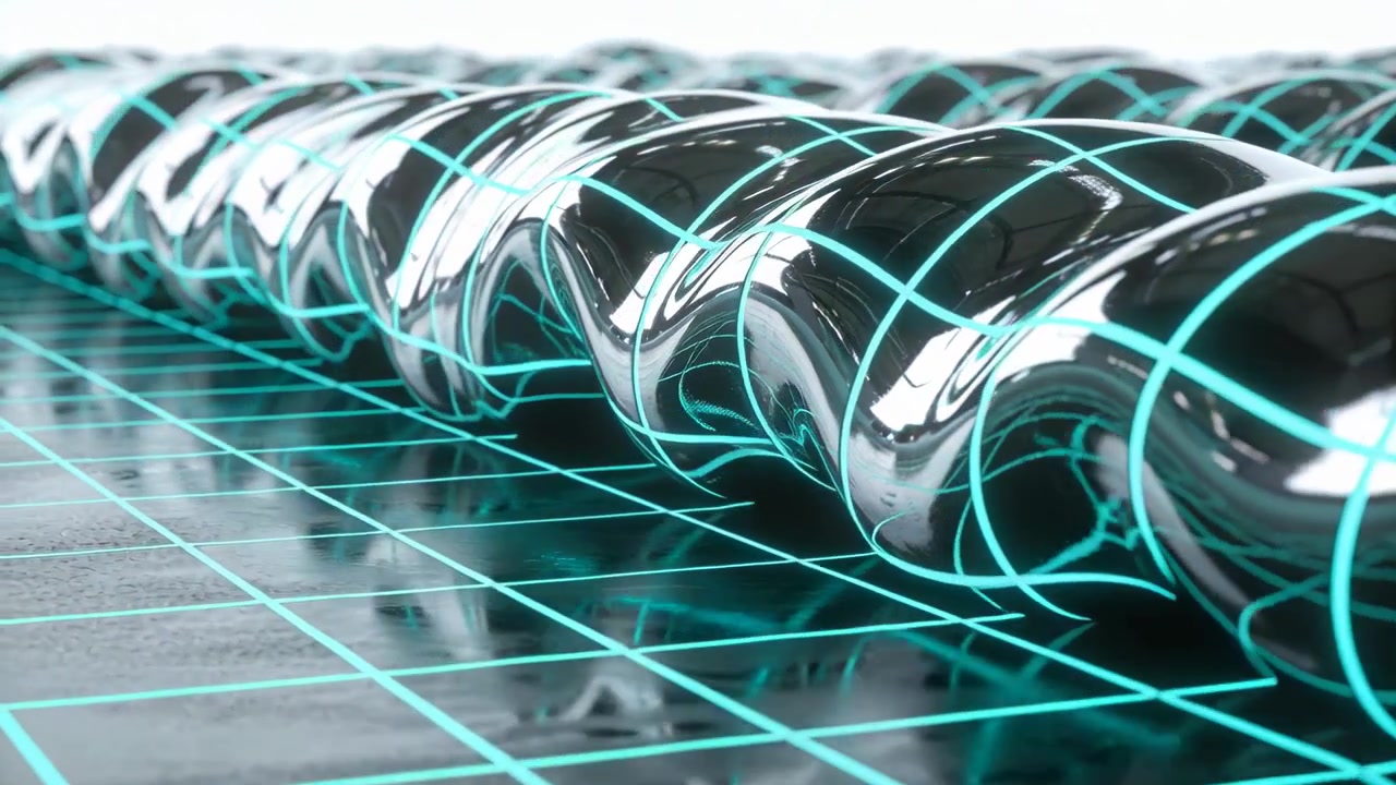 Timeline moving causing glossy helical tube bulging on mirror floor, simulating wave with cyan grid