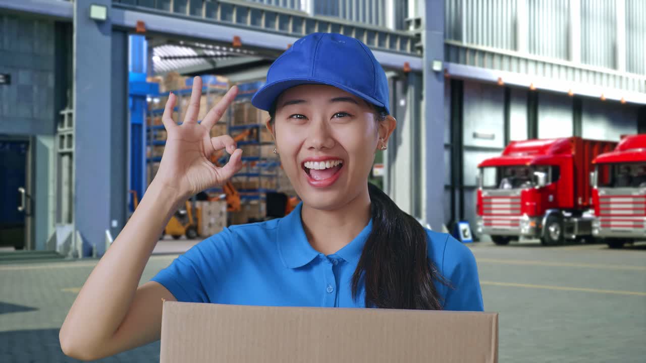 Close Up Of Asian Female Courier In Blue Uniform Showing Okay Gesture And Smiling While Delivering A Carton, Outside Warehouse