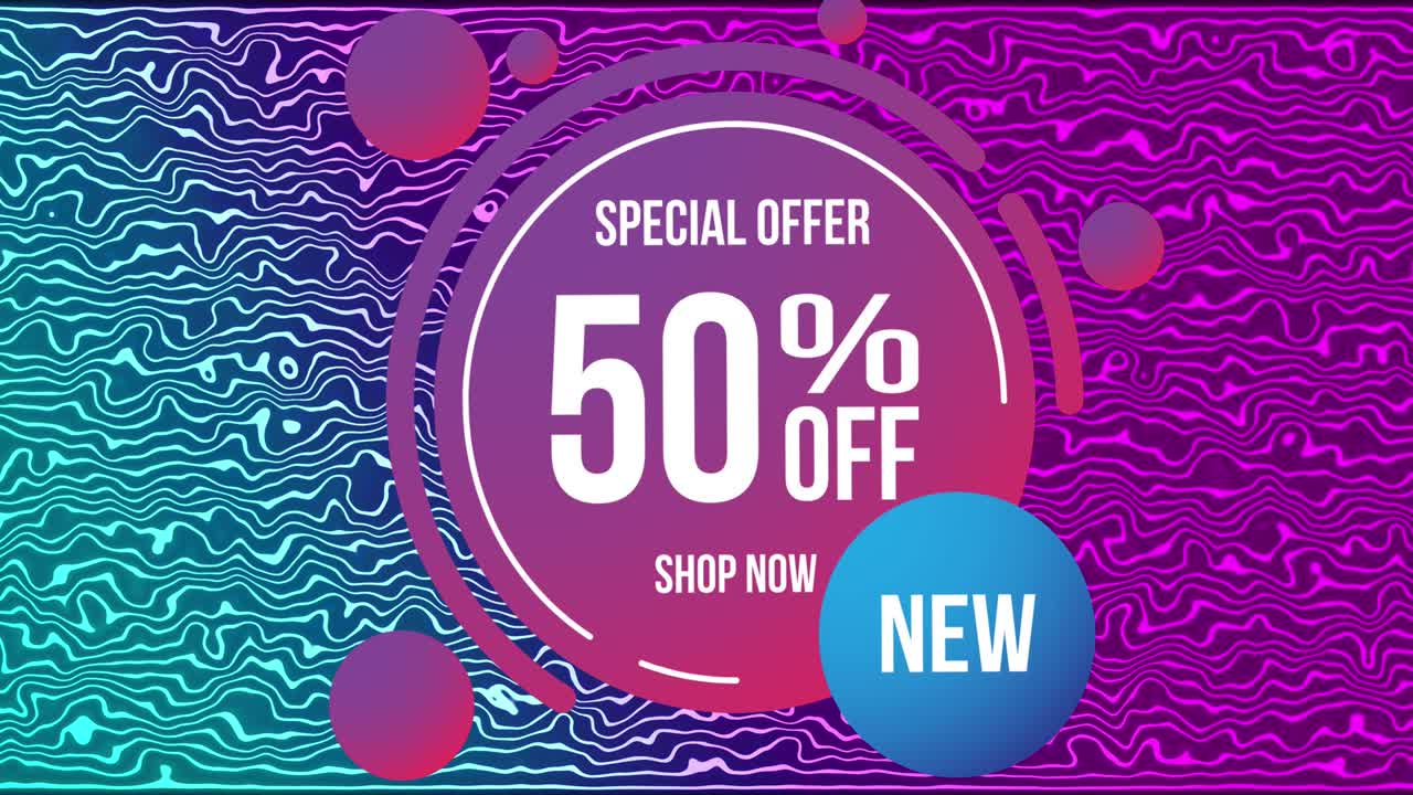 특별 제공의 애니메이션 50 퍼센트 쇼핑 이제 보라색 원과 분홍색에서 파란색 배경에 텍스트