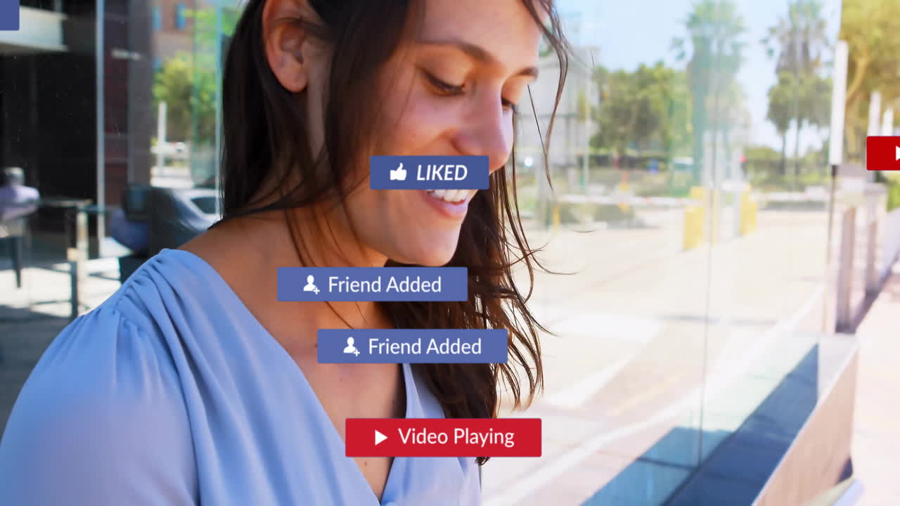 Interacting with animation of social media notifications, woman smiling outdoors