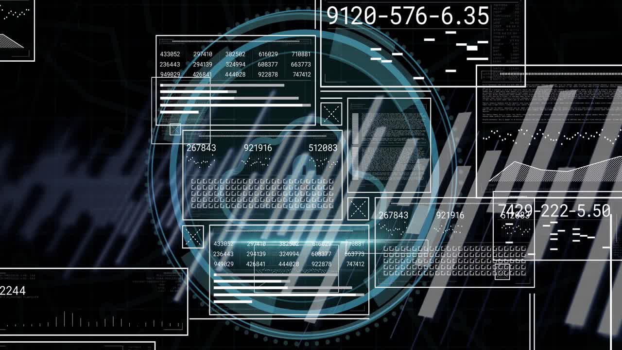Animation of digital interface with data processing over black background