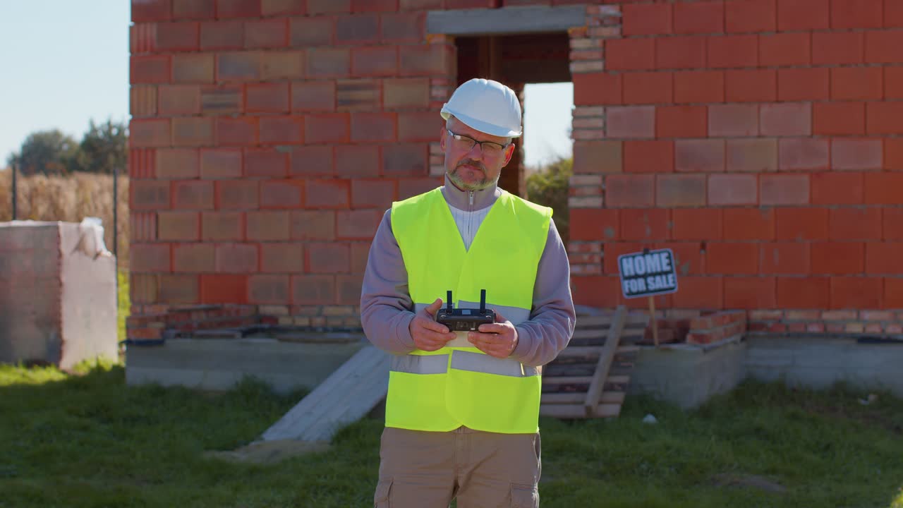 operador de avión no tripulado profesional de construcción comprueba el trabajo, controla una aeronave, sosteniendo el control remoto