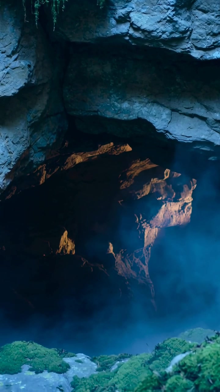 Vertical video: Thinning blue mist revealing mossy cave opening in grotto, exposing warm lit rock
