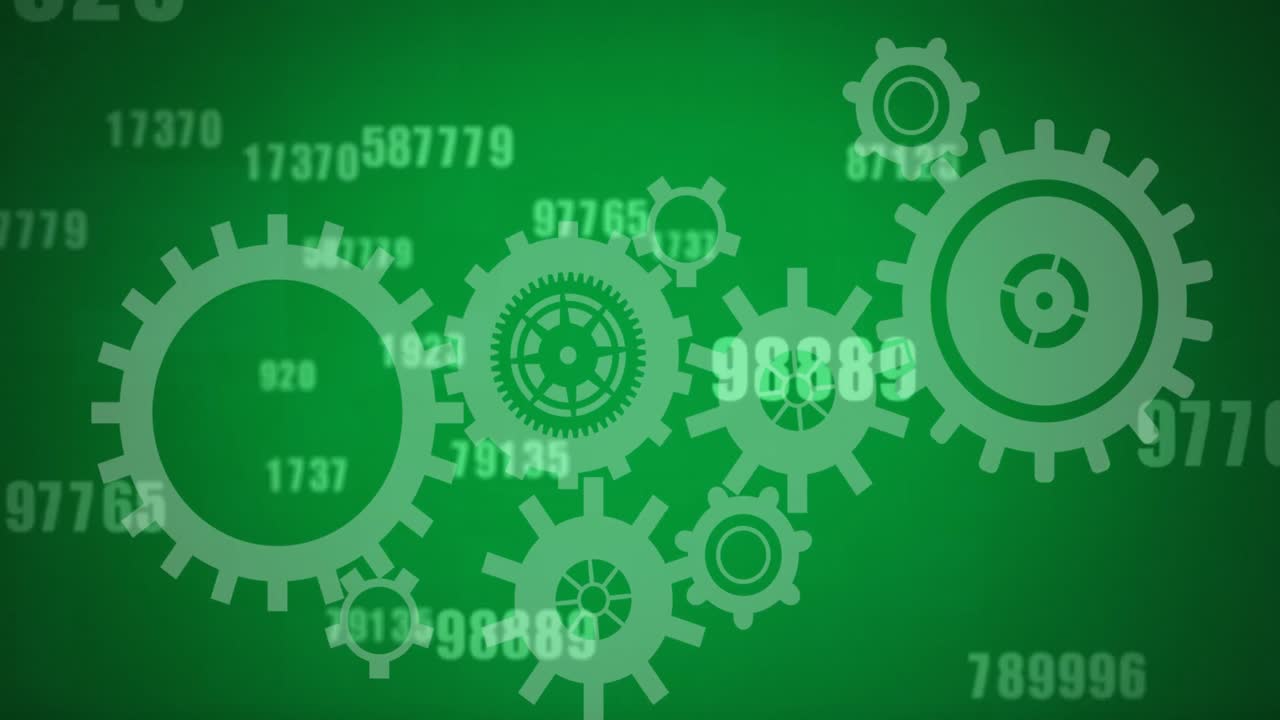 Vários números mudando contra ícones de engrenagens em fundo verde.