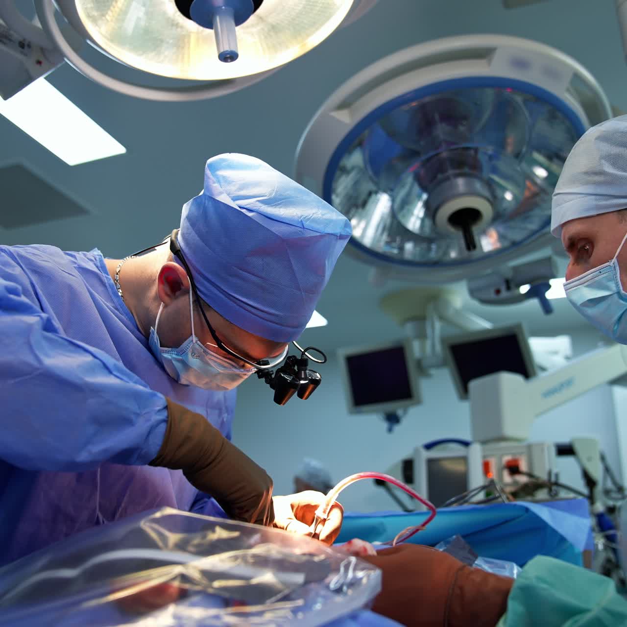Chief surgeon using metal tool at operation. Doctor holds the instrument so the assistant could clean it
