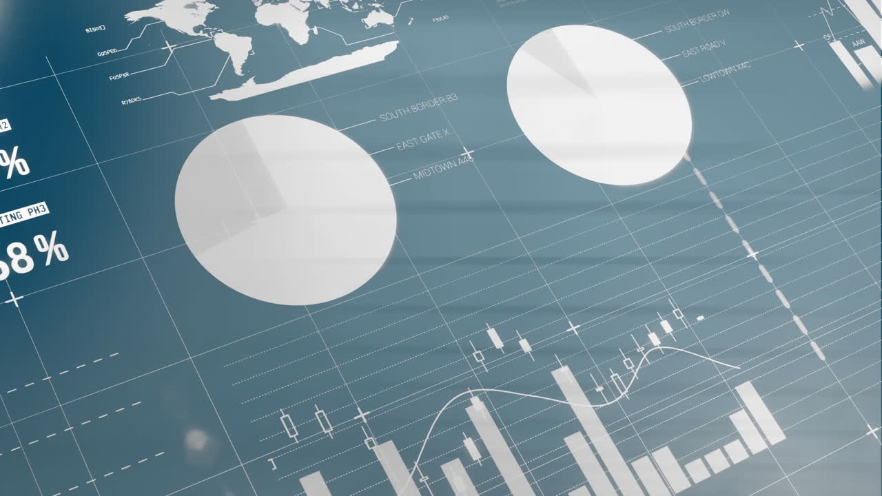 Animation of statistical data processing over grid network against blue gradient background