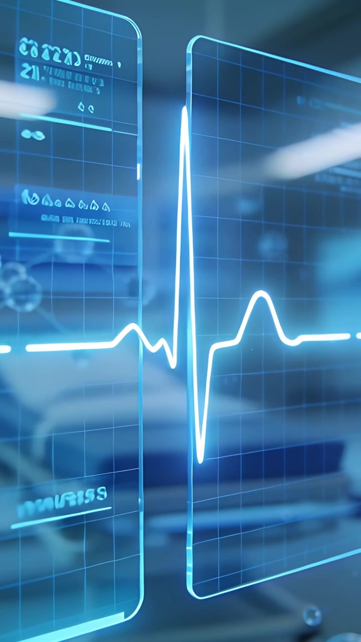 Video verticale: Telecamera panoramica che mostra un HUD con traccia ECG blu pulsante sopra un letto e dati per il monitoraggio