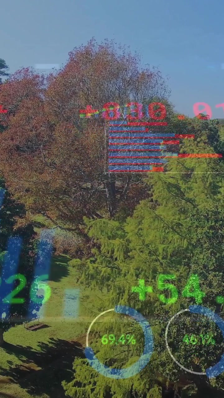 Animazione di elaborazione dati finanziari su un paesaggio di parco verde lussureggiante