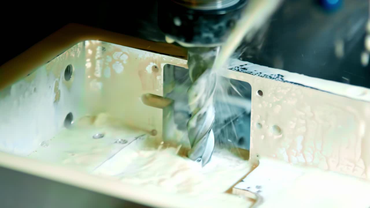 Close-up of CNC machine cutting metal with precision and coolant flow
