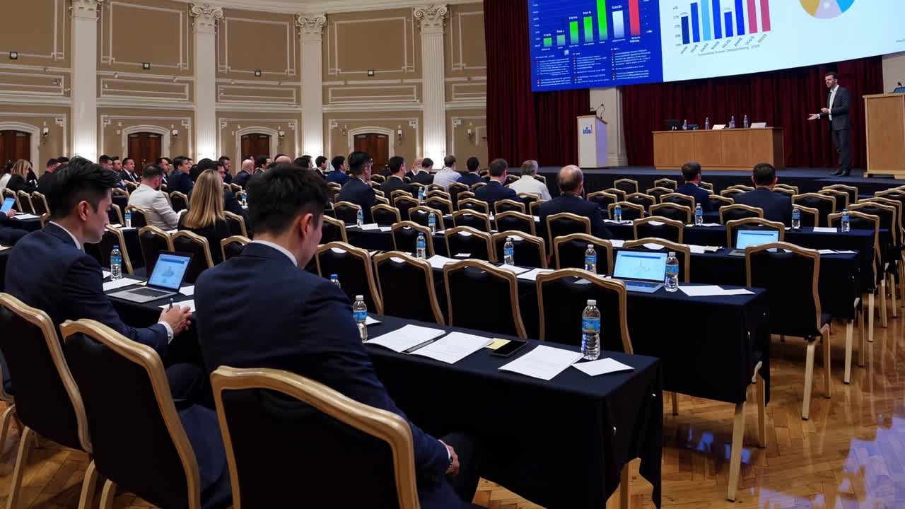 Business professionals attending a conference, listening to a speaker presenting data and charts on a large screen in a luxurious hall, taking notes and using laptops