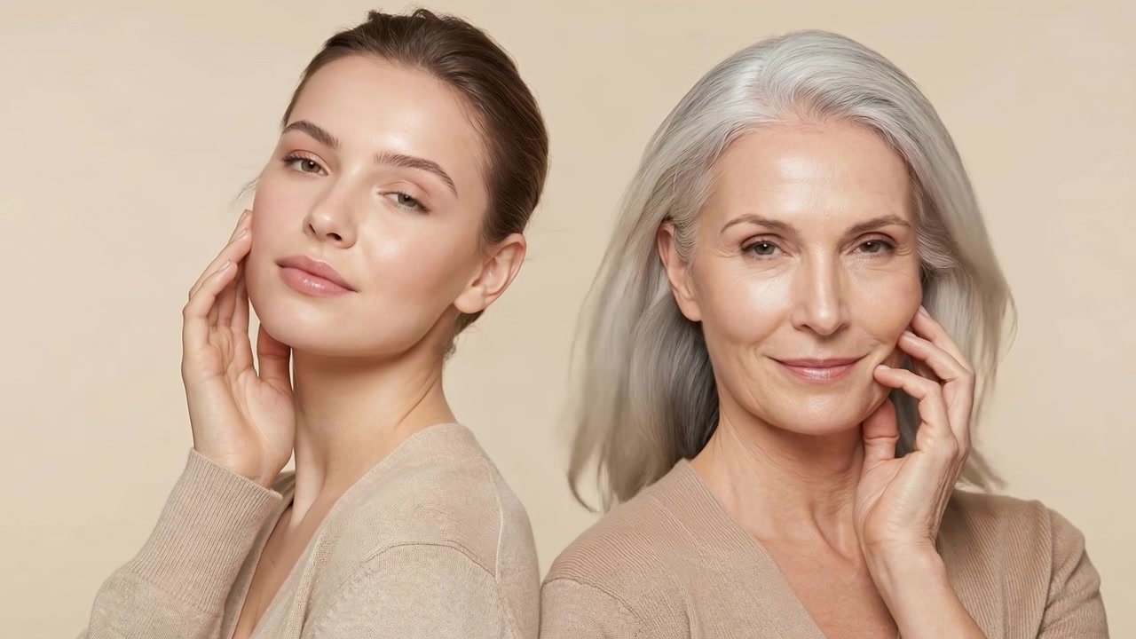 Portrait of a young woman and an older woman posing together for a beauty and skincare concept