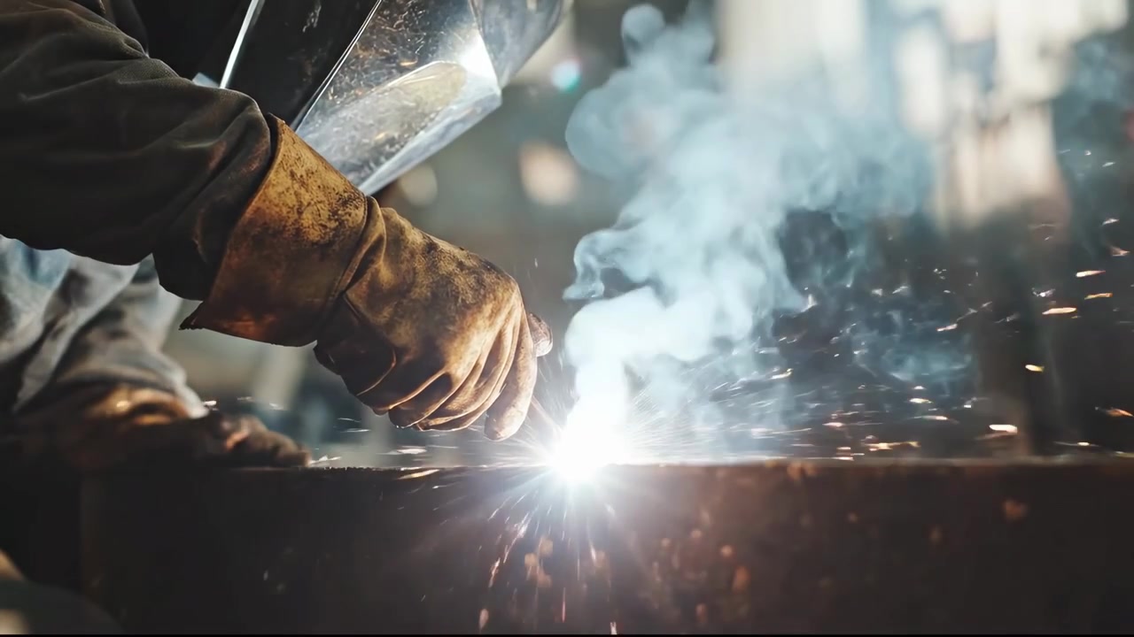 Industrial Welder Working on Metal in a Factory