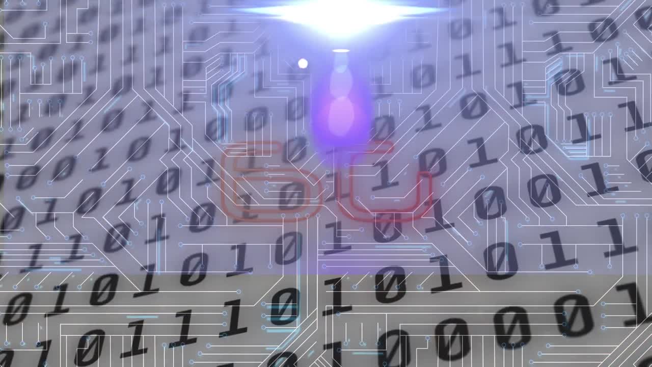 animación de texto de 6g, codificación binaria, procesamiento de datos sobre una placa de circuito de computadora brillante