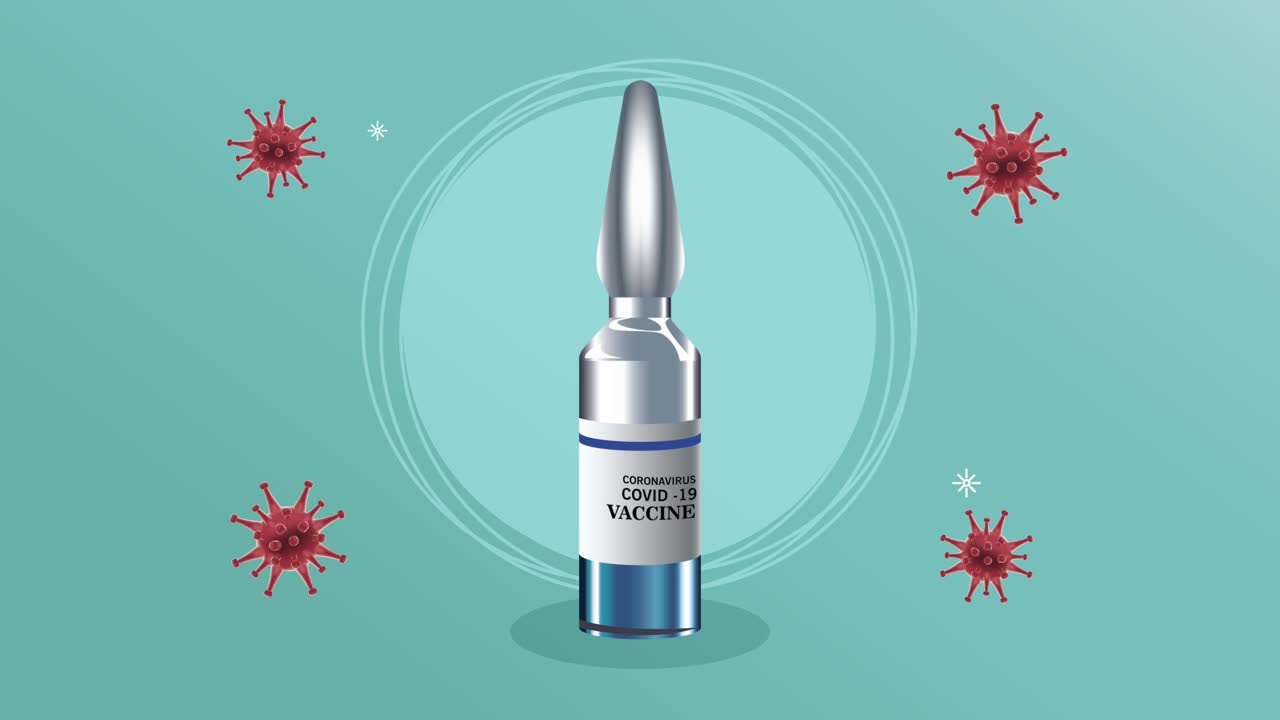 covid19 particles with vaccine vial animation