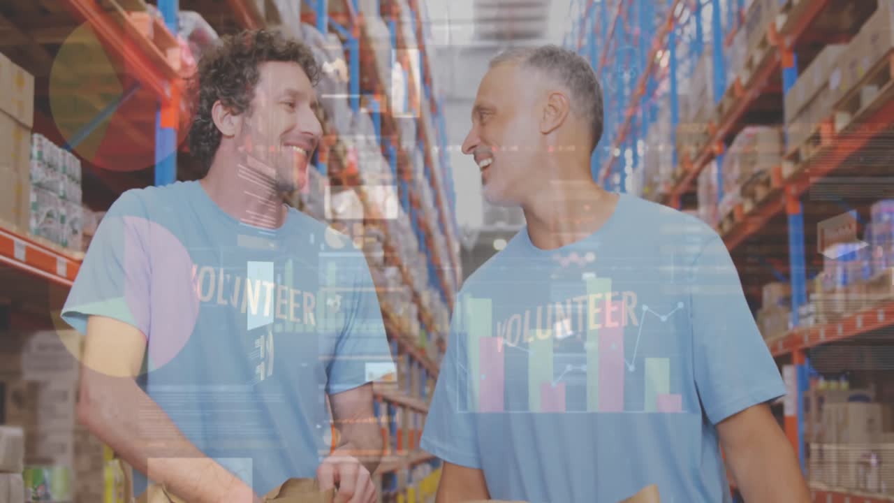 Statistical data processing over two caucasian male volunteers high fiving each other at warehouse
