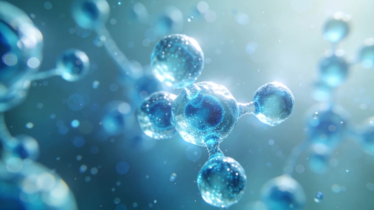 Camera moving, central glassy blue cluster with 3 small spheres rotating in fluid, revealing swirl