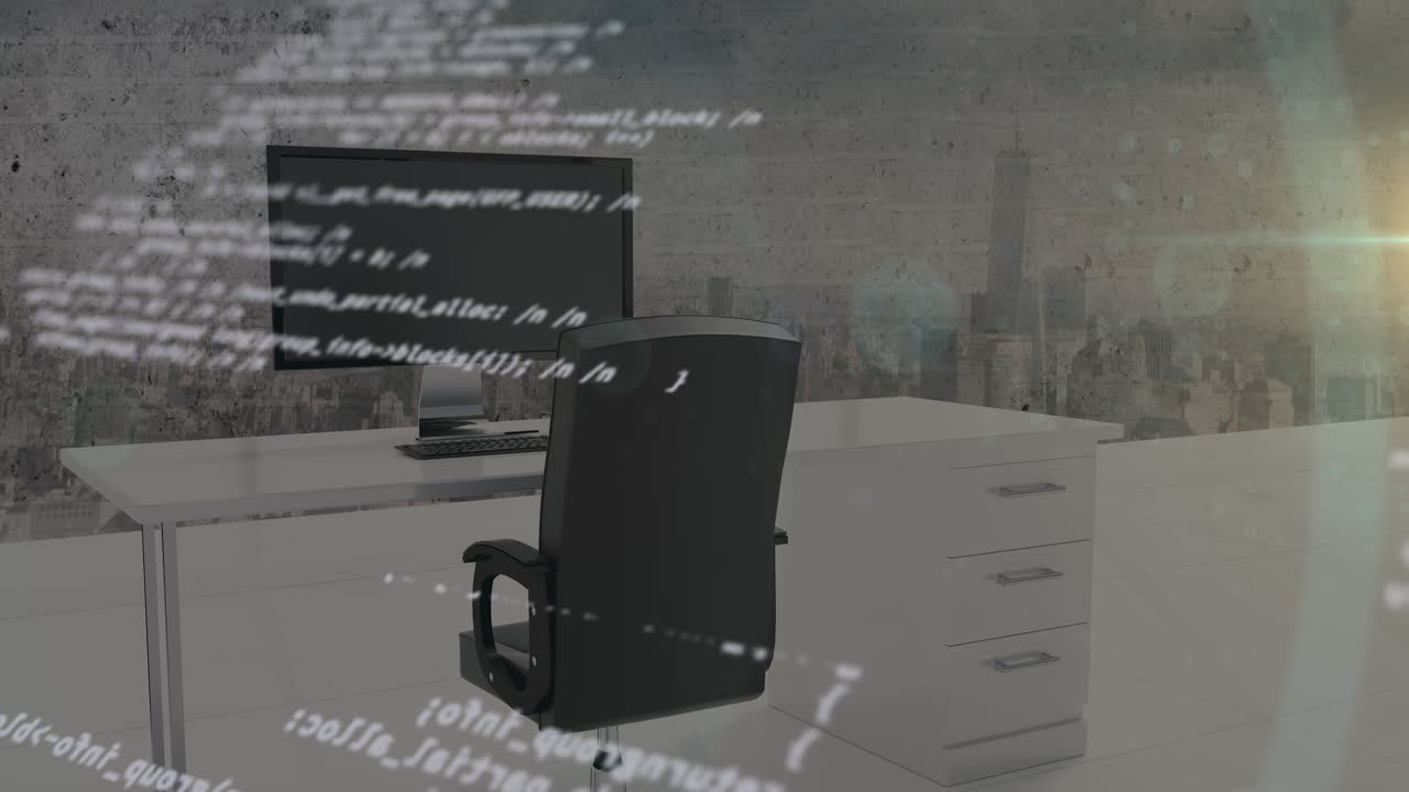 빈 사무실에서 컴퓨터를 통해 데이터 처리의 애니메이션과 배경의 도시 풍경