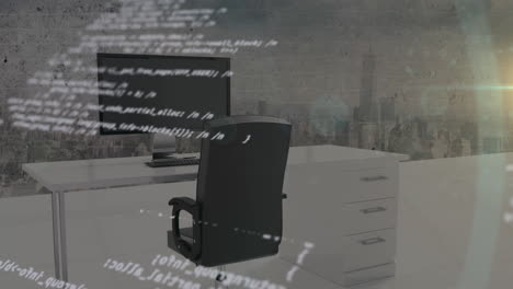 Animation of data processing over computer in empty office and cityscape in background