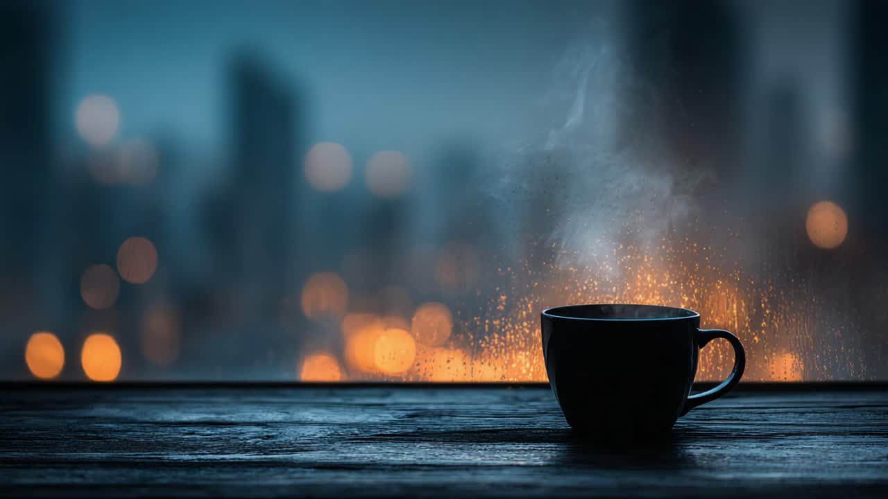 Una serena scena serale con una tazza di caffè fumante su uno sfondo urbano sfocato, che evoca calma e calore in un clima piovoso