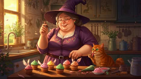 a cheerful witch in a cozy kitchen, delighting in the art of cupcake decorating with her adorable cat companion by her side
