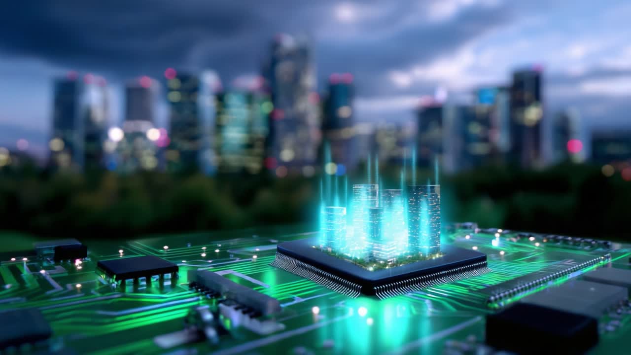 A Futuristic Cityscape Emerges from a Circuit Board, Blending Technology and Urban Life in a Visionary Representation of Smart Cities on a Microchip against a Backdrop of Modern Skyscrapers