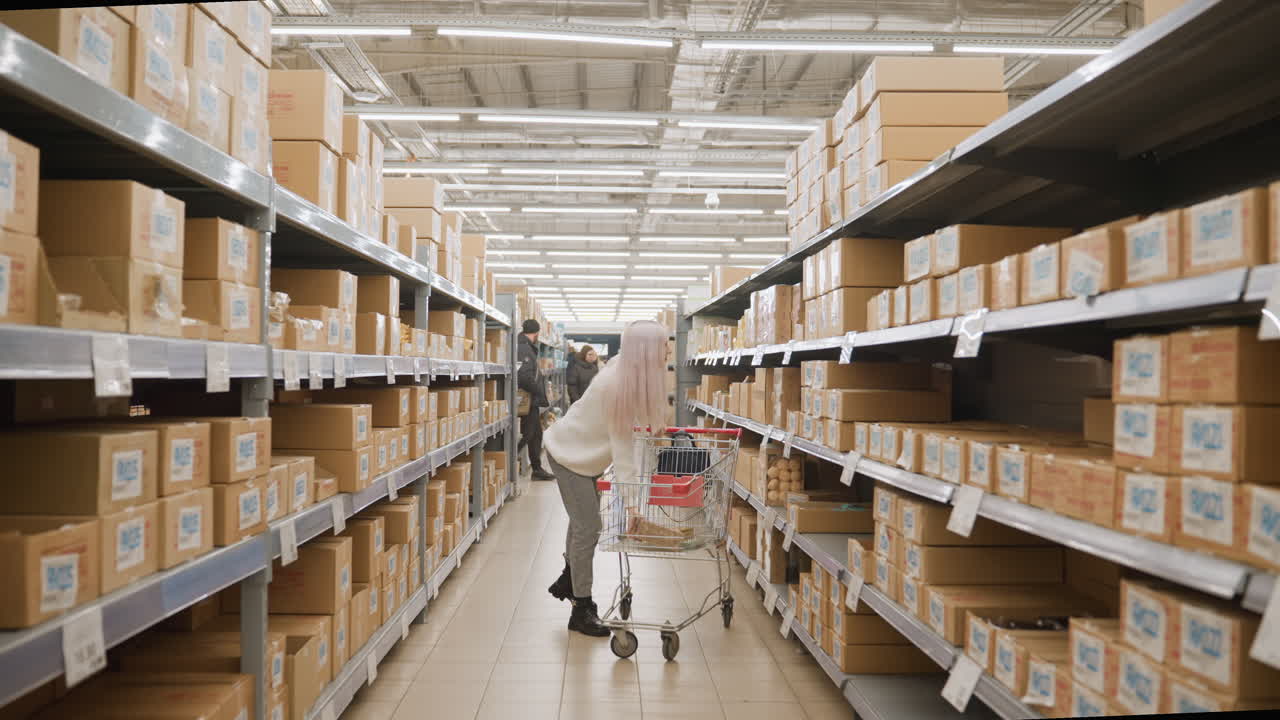 Close up of shopping mom takes item from cart and returns it to shelf in supermarket aisle, passing by other shoppers, capturing moment of reconsideration and consumer decision in retail environment