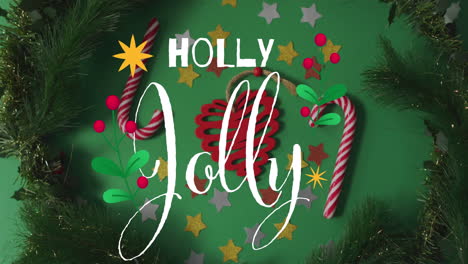 animation of holly jolly text over christmas decorations