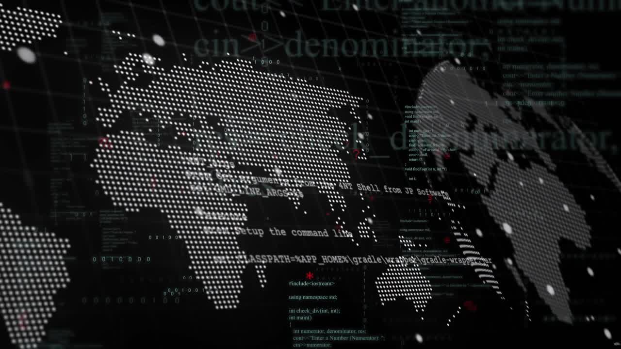 Close view shifting, dotted world map panning and rotating, code scrolling, showing network data