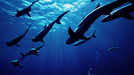 group of sharks in the deep blue