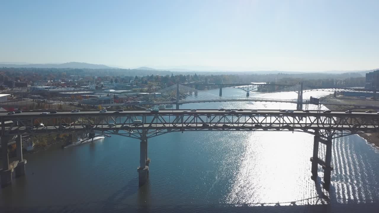 Aerial footage of highway bridges in Portland Oregon- The city of bridges - 4k birds eye view - Millamette river - Marquam bridge