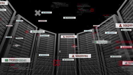 animación del procesamiento de datos y los iconos de los medios en la sala del servidor