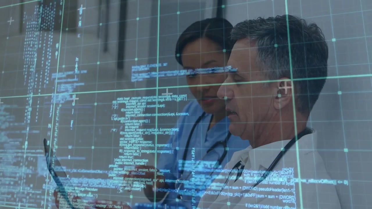 Medical team tapping tablet and generating animated data grids while reviewing clinical results