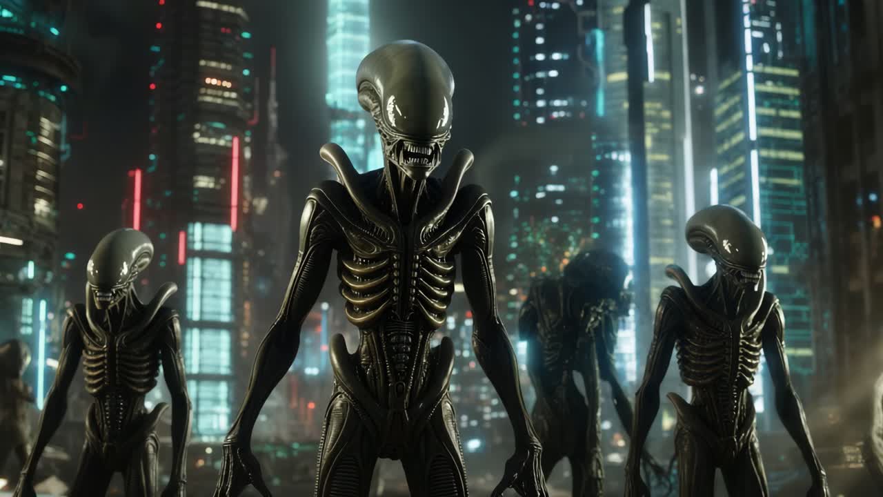 Xenomorfi alieni in un paesaggio urbano futuristico