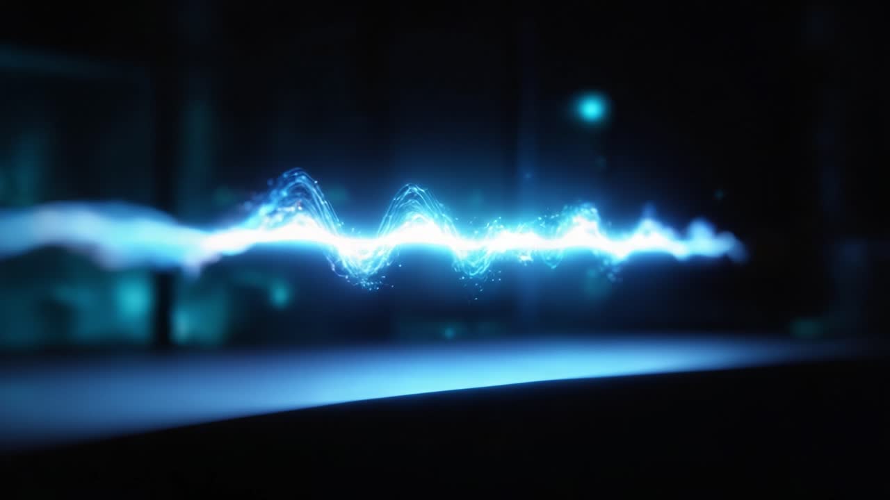 Dynamic Sound Wave Visualization in a Dark Environment with Glowing Blue Particles Illustrating Flow of Energy and Sound Frequencies Moving in Harmony