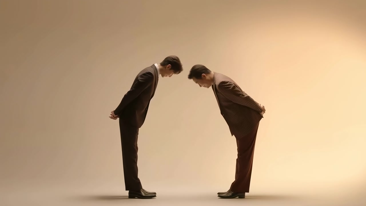 スタジオで、フォーマルなスーツとネクタイ姿の2人のアジア人ビジネスマンが、暖かみのあるベージュの照明の下、互いに敬意を込めてお辞儀をしている。