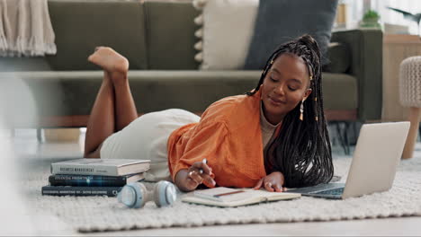laptop, student and woman writing notes