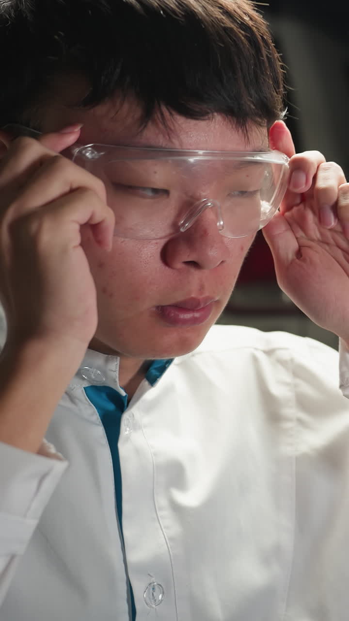 색 실험실 코트를 입은 중국 기술자가 보호 안경을 들고, 그것을 입고, 배경에 주차된 색 자동차와 함께 자동차 수리 작업장에서 태블릿을 들고 있습니다.